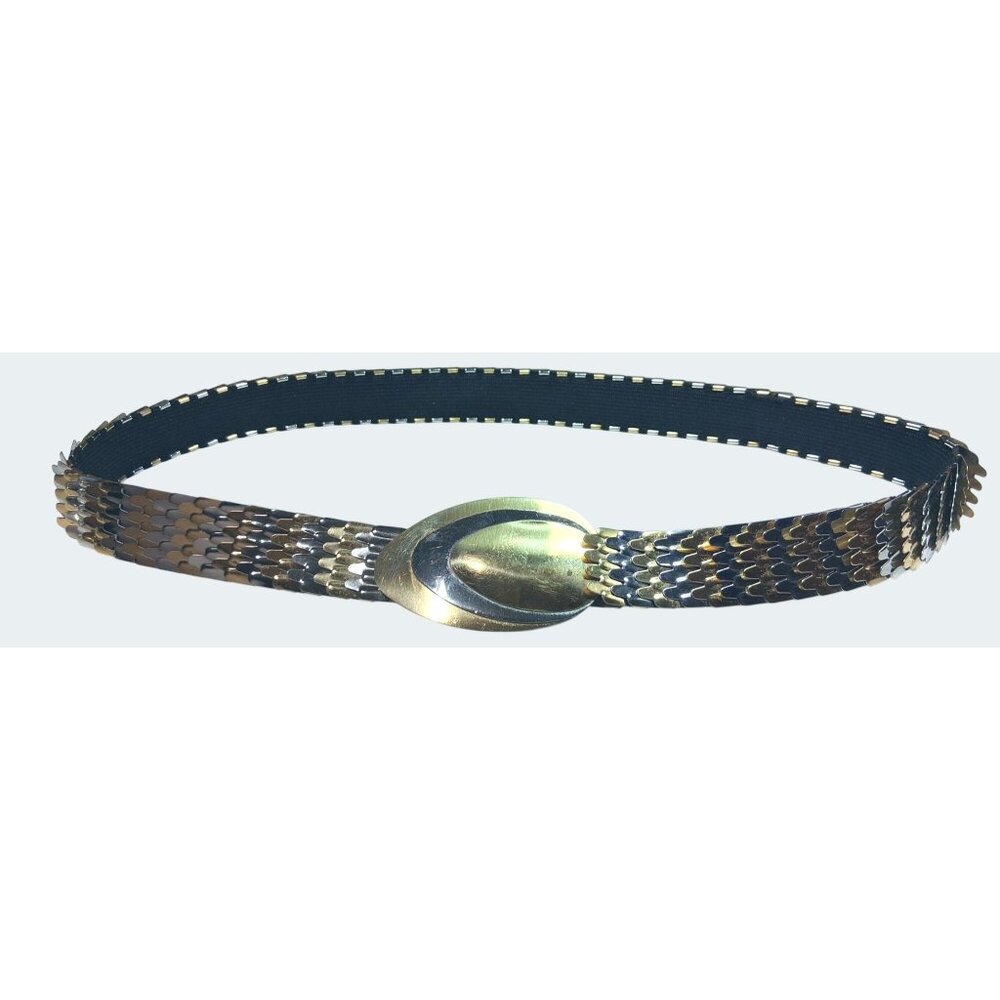 Vintage Gold Silver Adjustable Metal Stretch Belt Oval Clasp Elastic Backing Wom
